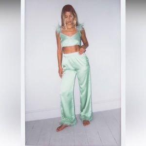 Nasty Gal, Satin Feather Crop Cami and Pants Pajama Set, US Size: 6, Color: Sage
